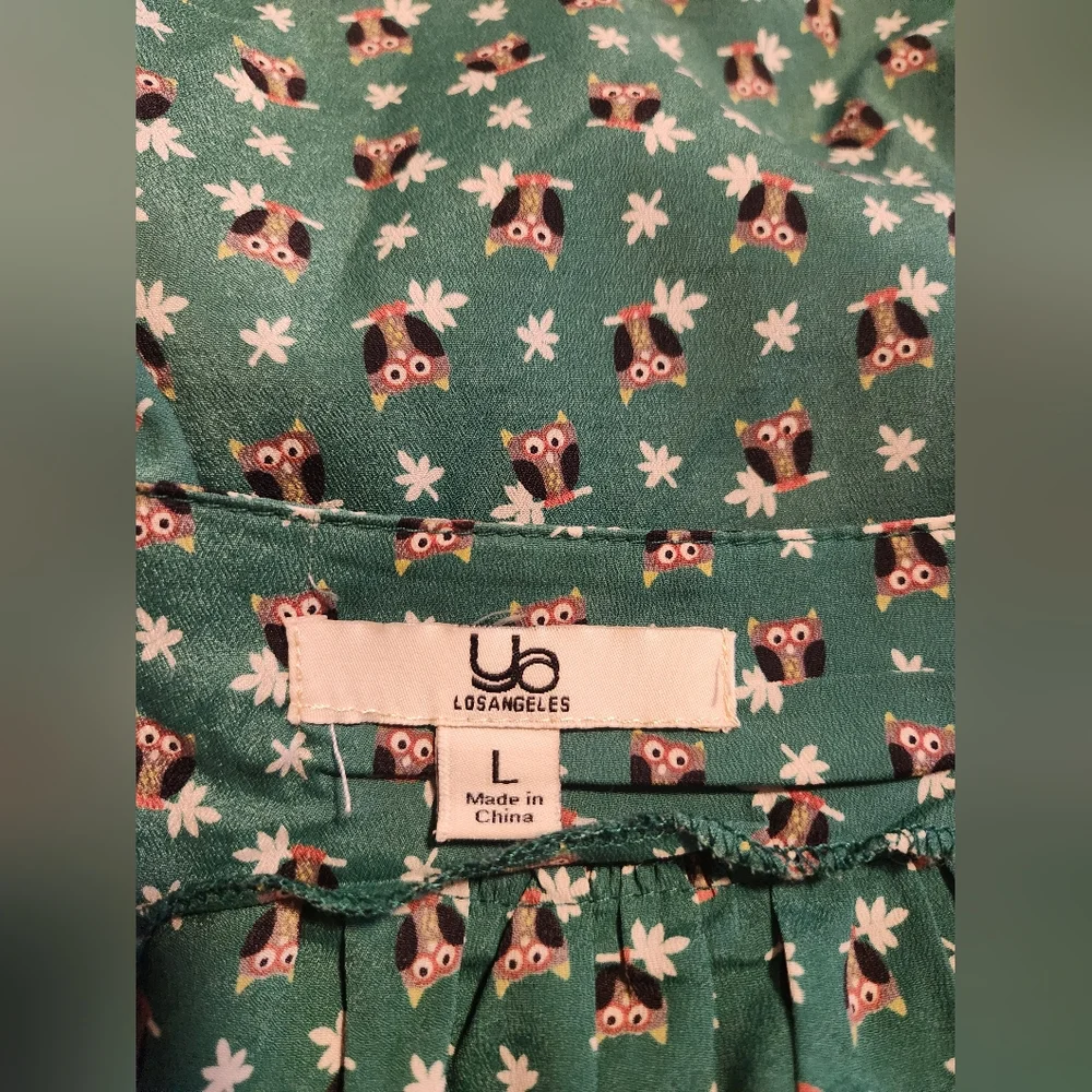 Vintage Green Owl Print Fit And Flare Silk Blend Ruffle Hem Sundress Large L EUC - Picture 6 of 7